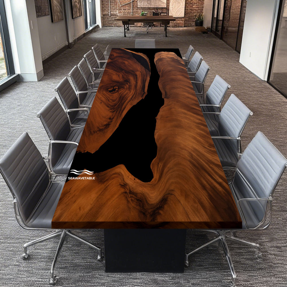Side-angle shot of CRT-241 oversized walnut black epoxy boardroom table