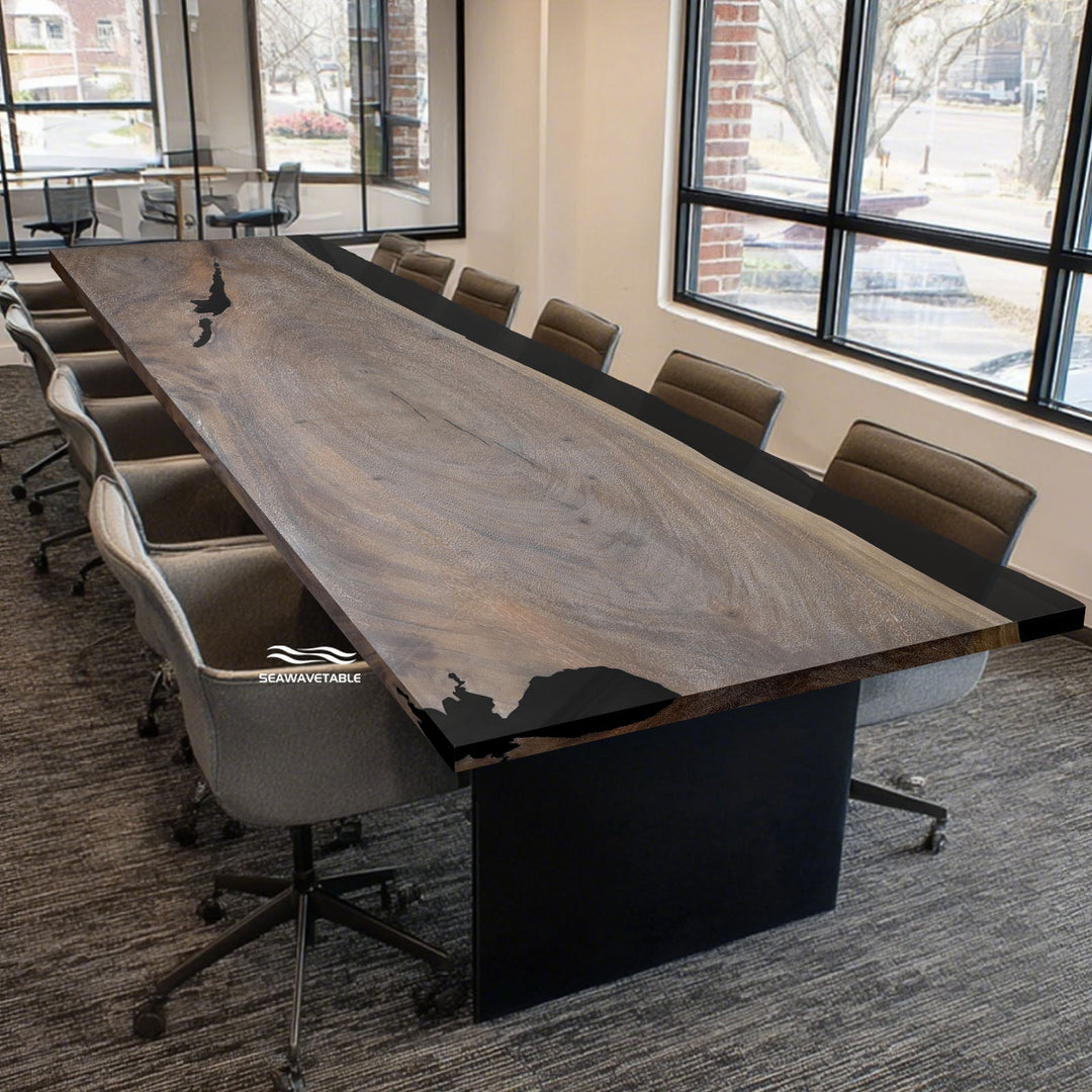 Handcrafted walnut slab table with black and white epoxy fill