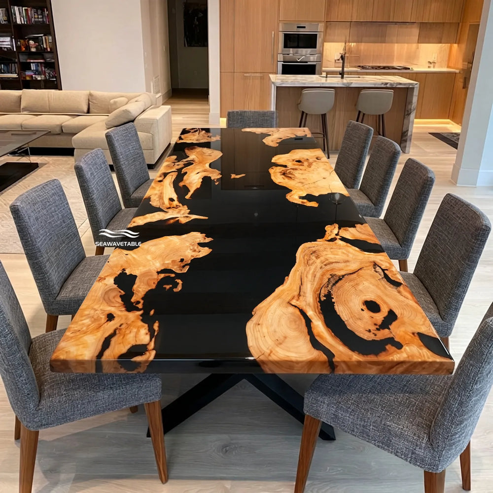 Cunninghamia wood dining table with deep black epoxy by SeawaveTable