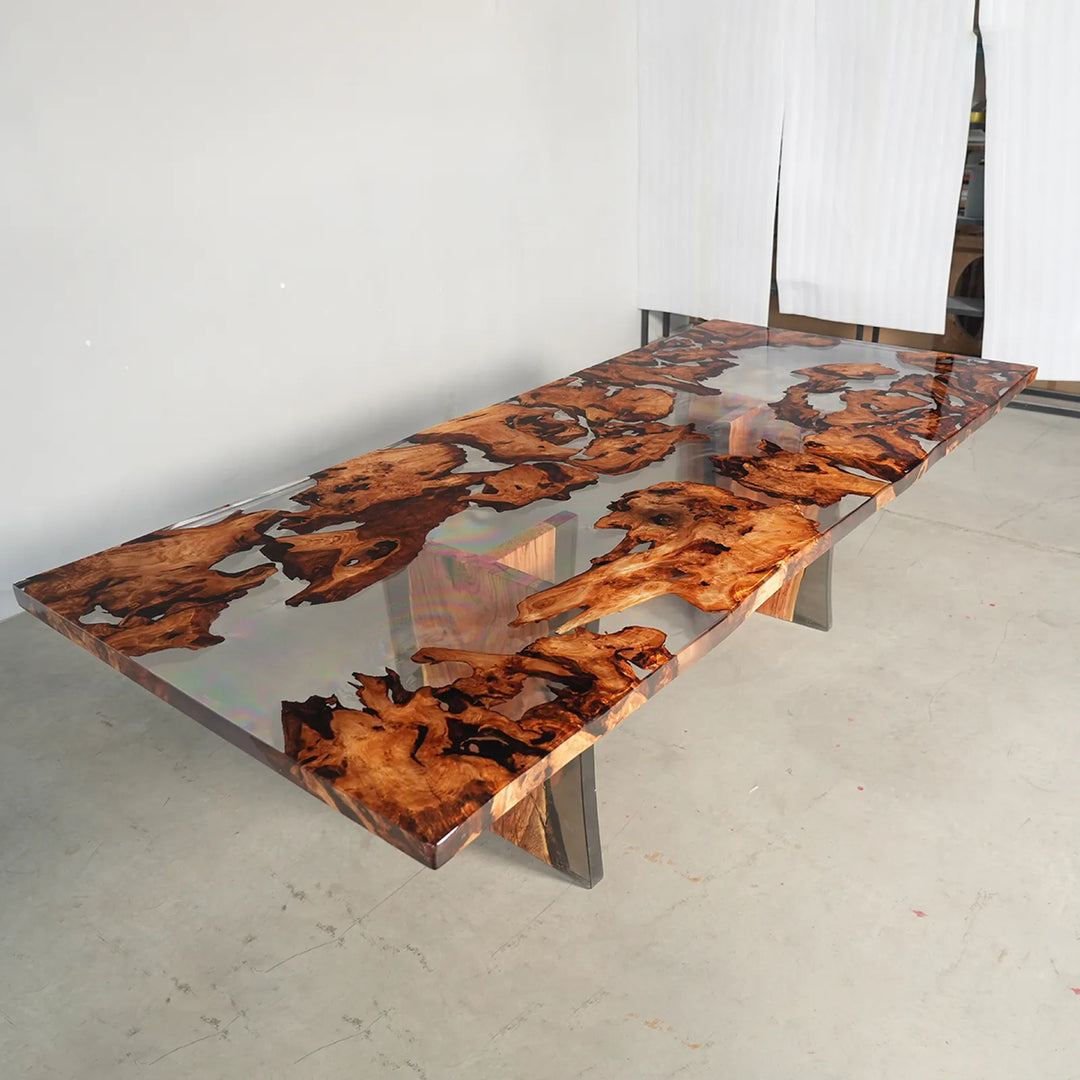 Subtle live edge Cunninghamia and clear resin table by SeawaveTable