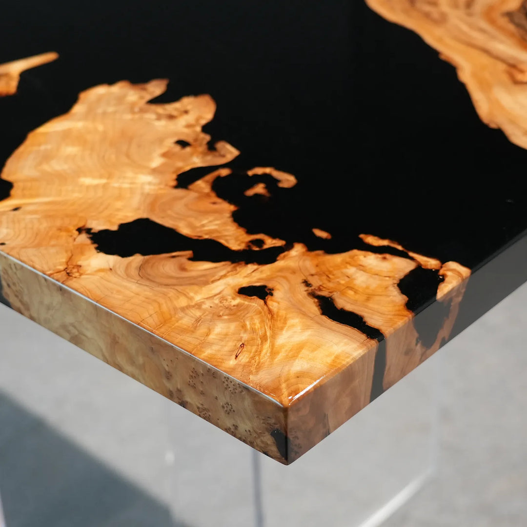 Cunninghamia wood island details set within black epoxy by SeawaveTable