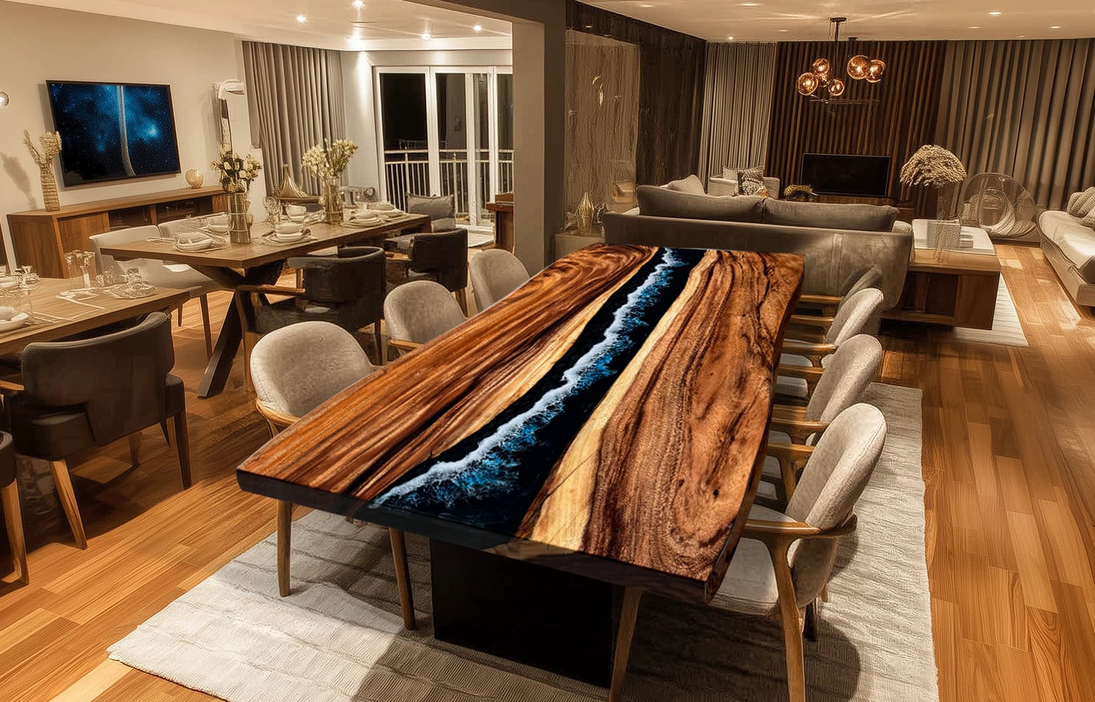 Custom black walnut dining table with black epoxy resin handcrafted by SeawaveTable