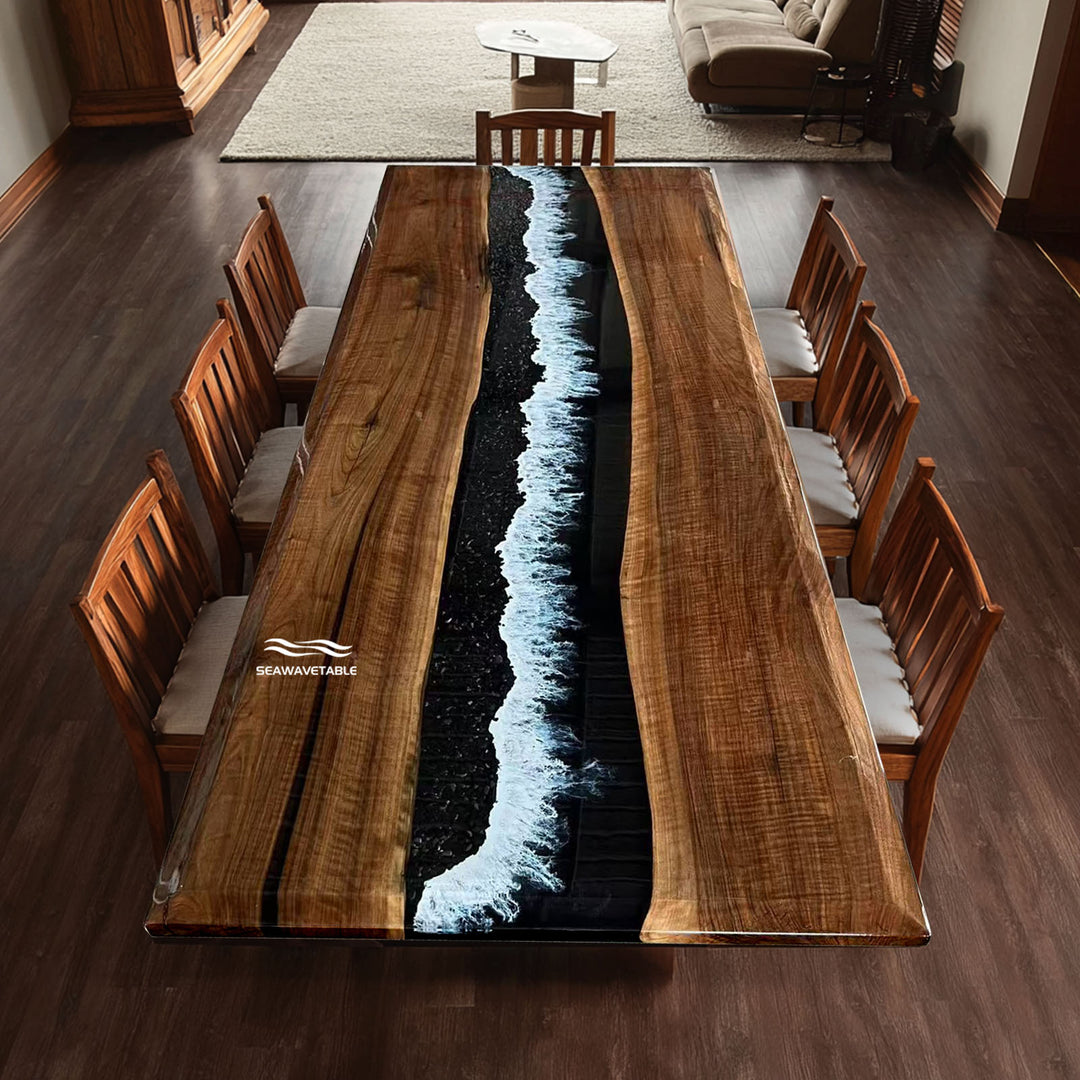 Custom black walnut epoxy forest dining table CRT-158 front view