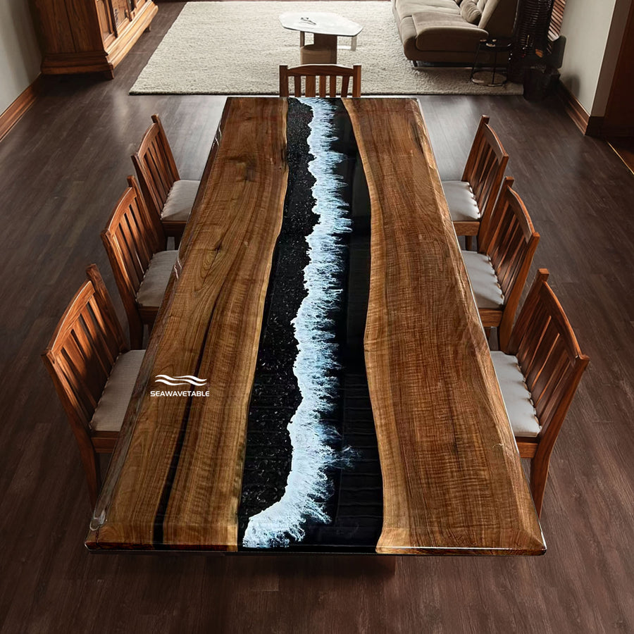 Custom black walnut epoxy forest dining table CRT-158 front view
