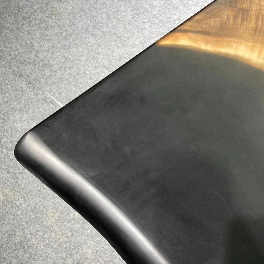 Custom black walnut epoxy river table shown from multiple angles highlighting live edge resin and craftsmanship