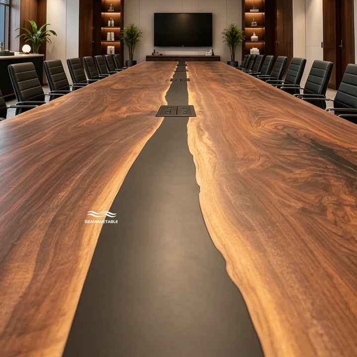 Custom Black Walnut executive conference table CRT-338 with refined black resin detailing