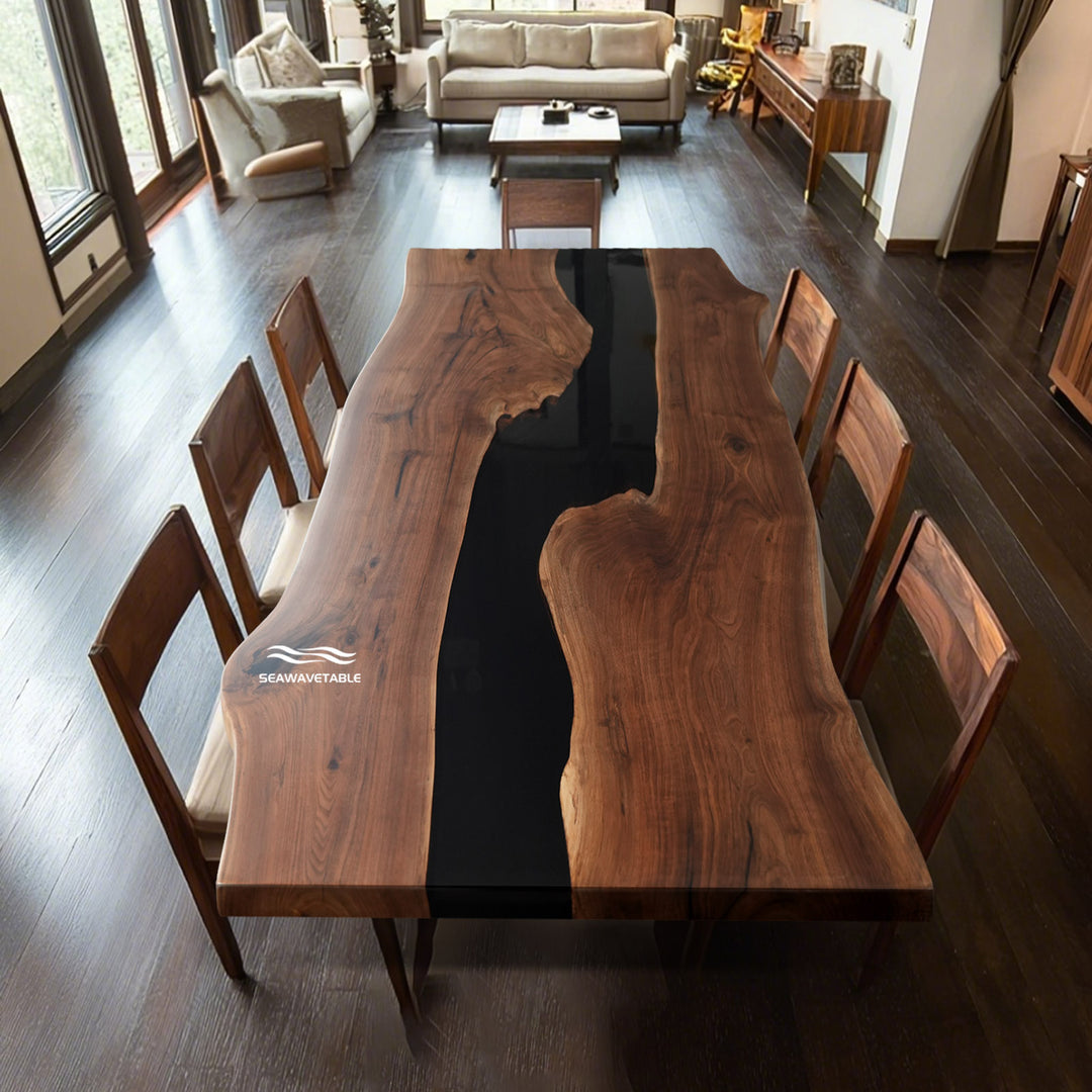 Custom forest-themed walnut epoxy table displayed in room
