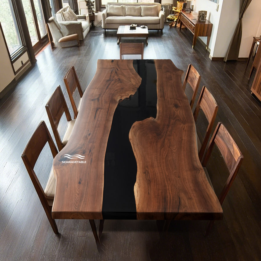 Custom forest-themed walnut epoxy table displayed in room