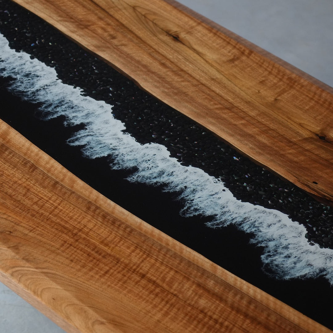 Beveled edge design on custom walnut epoxy dining table