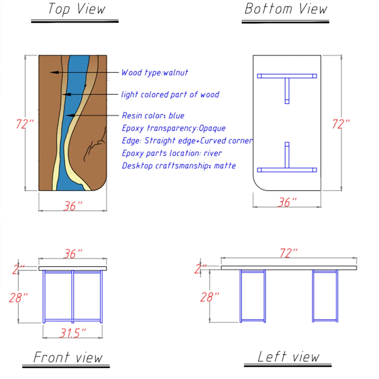 Technical drawings of a wooden desk with dimensions and material details.