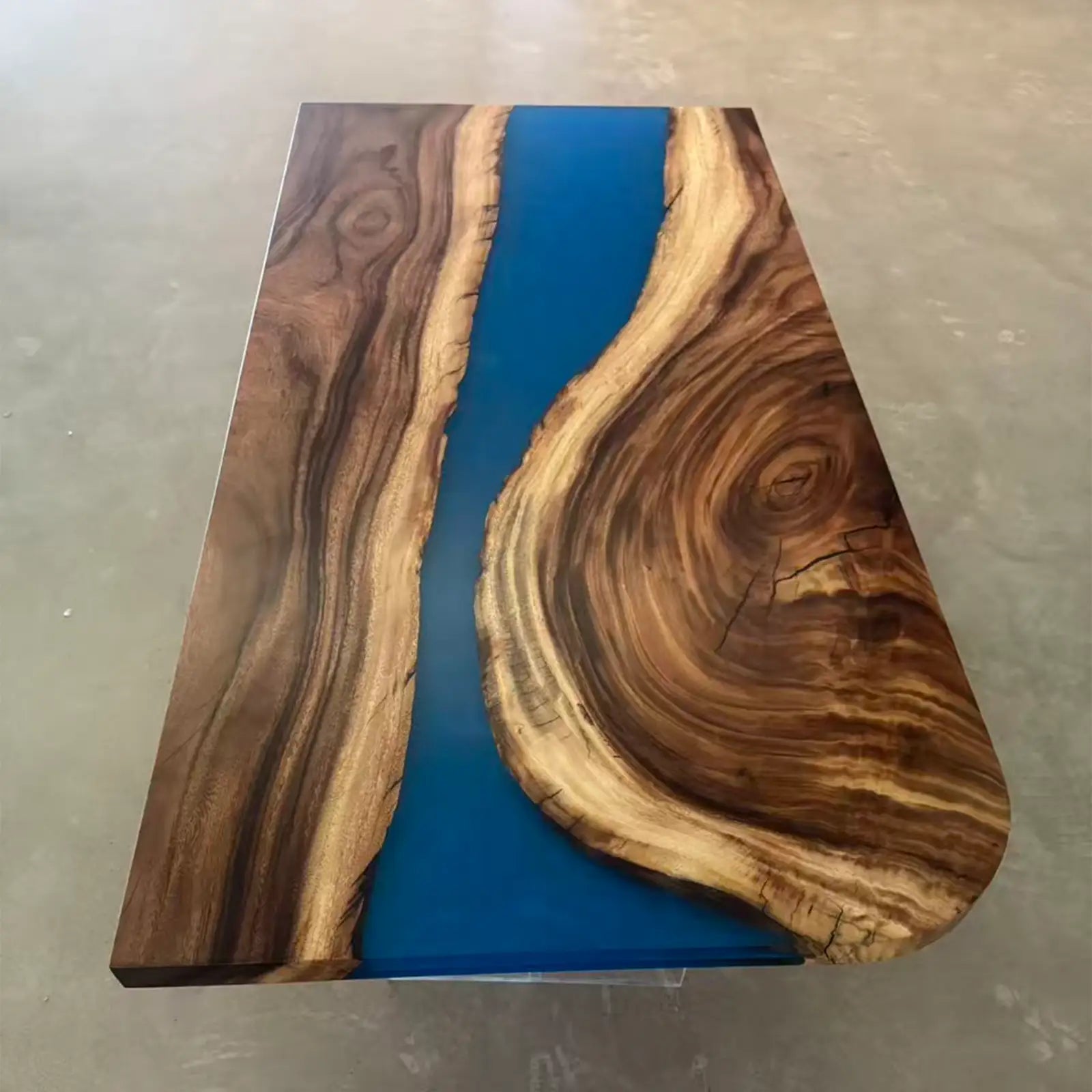 Custom walnut ocean blue resin river dining table