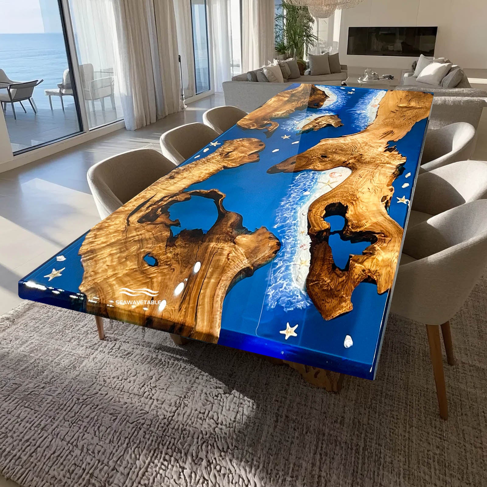 Dining table with blue resin and wood design in a modern living room.