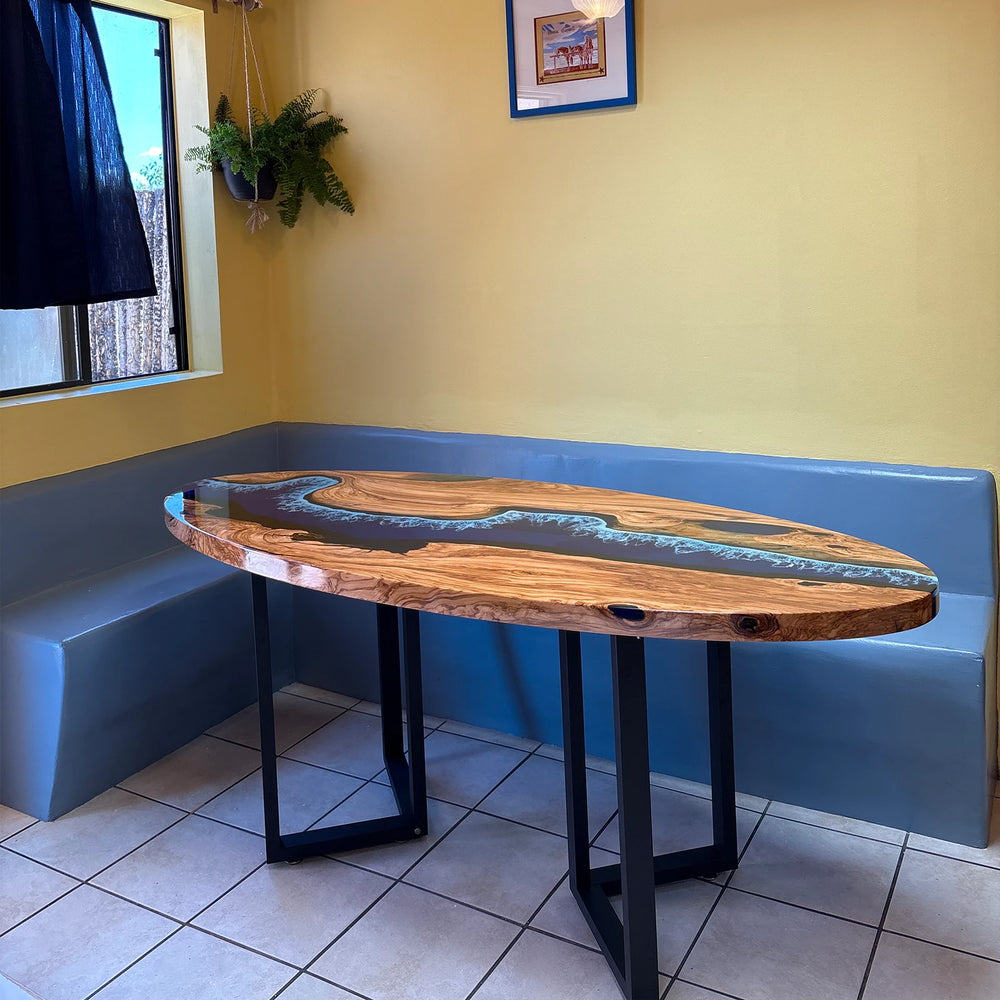custom olive wood deep blue ocean epoxy resin oval coffee table coastal living room customer photo