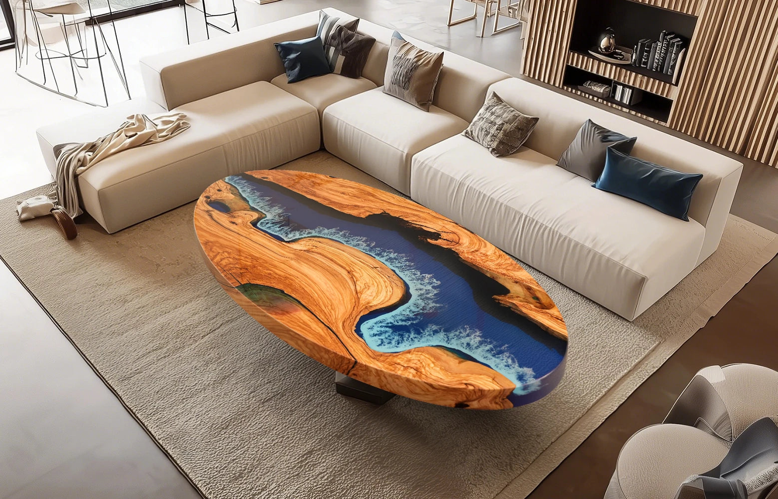 Custom olive wood round coffee table with blue ocean wave epoxy resin handcrafted by SeawaveTable