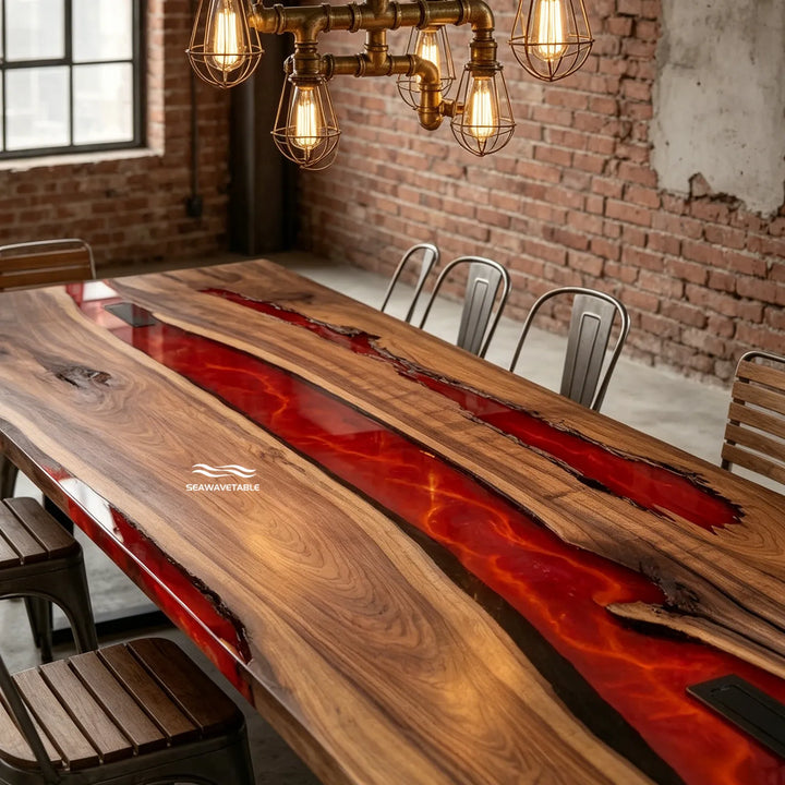 Custom black walnut red epoxy statement dining table CRT-339 for luxury interiors