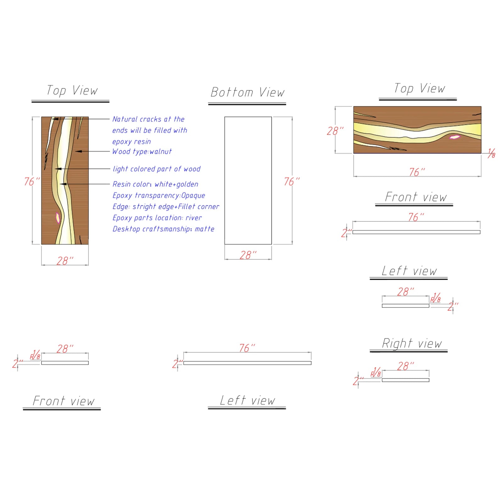 Custom walnut and resin table design drawing prepared by SeawaveTable before production