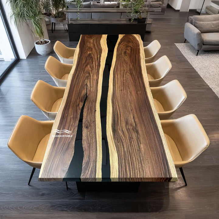 Wooden dining table with a natural finish in a modern living room setting.