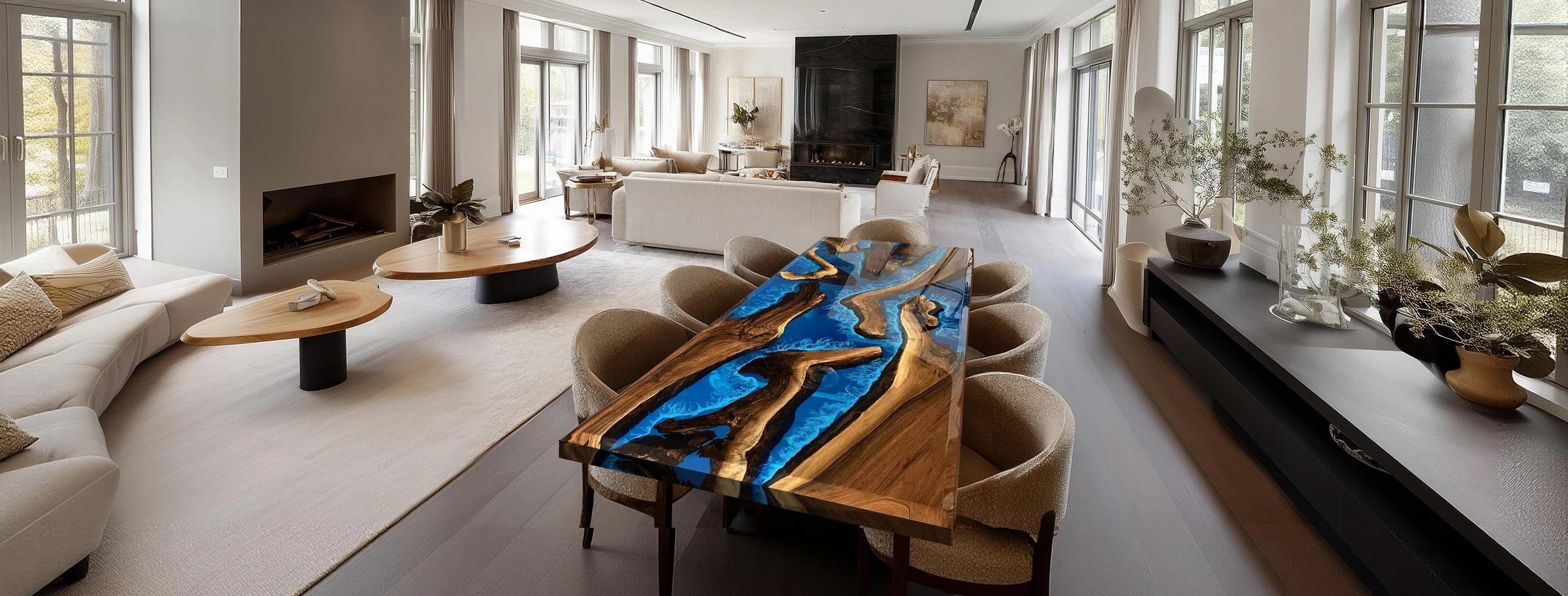 Custom walnut epoxy river dining table with live edge slabs and clear resin handcrafted by SeawaveTable