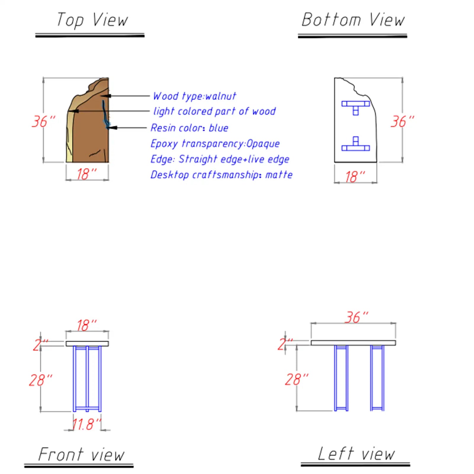 Technical drawings of a wooden table with dimensions and material details.