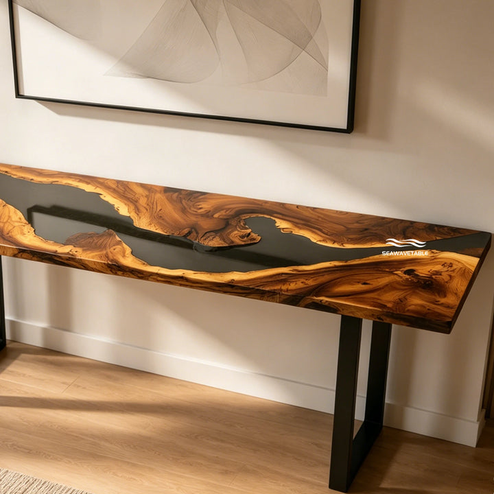 Dark organic luxury console table CRT-345 with handcrafted Walnut and black resin