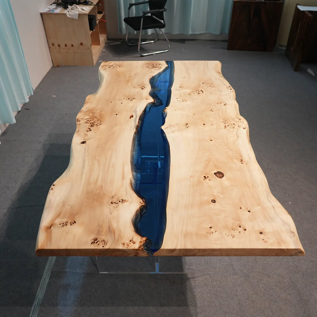 Deep Blue epoxy river between natural Poplar wood slabs by SeawaveTable