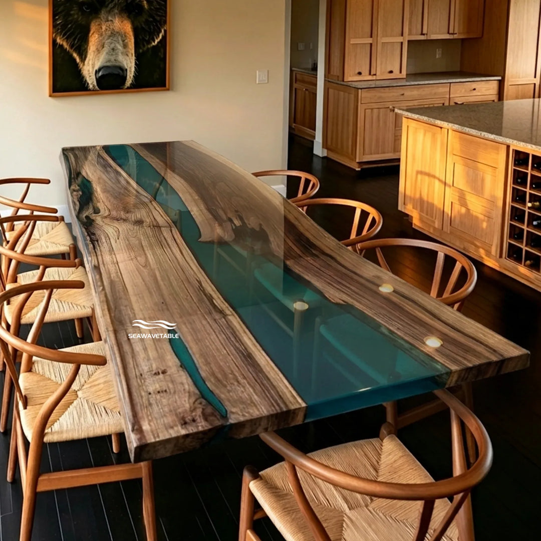 Deep Teal epoxy resin with natural Black Walnut grain by SeawaveTable