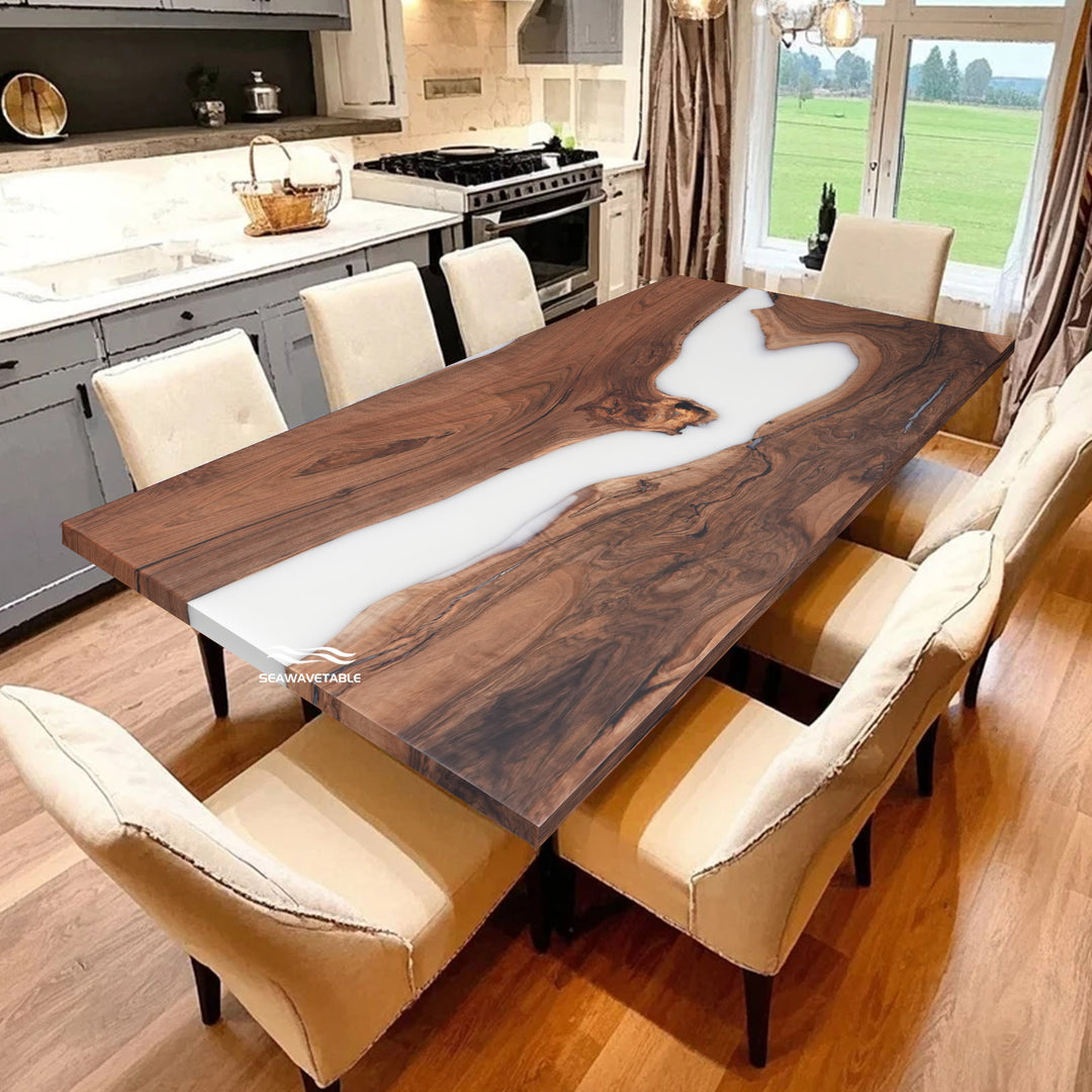 Live edge walnut dinner table with matte white resin and custom finish