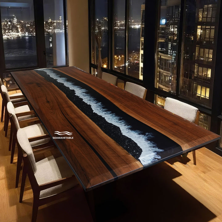 Black resin epoxy table with natural stone inlay detail