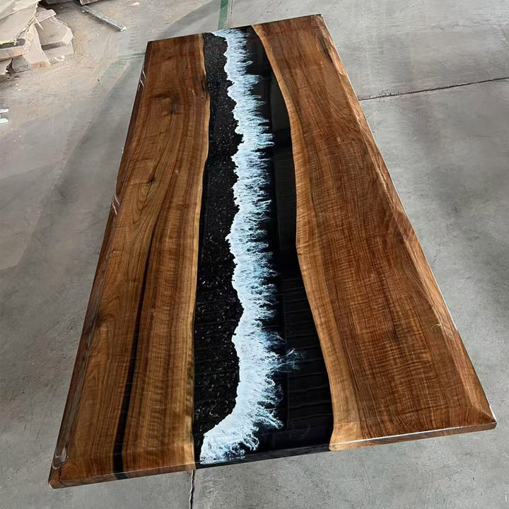 Epoxy table showing white waves and blue mist forest effects