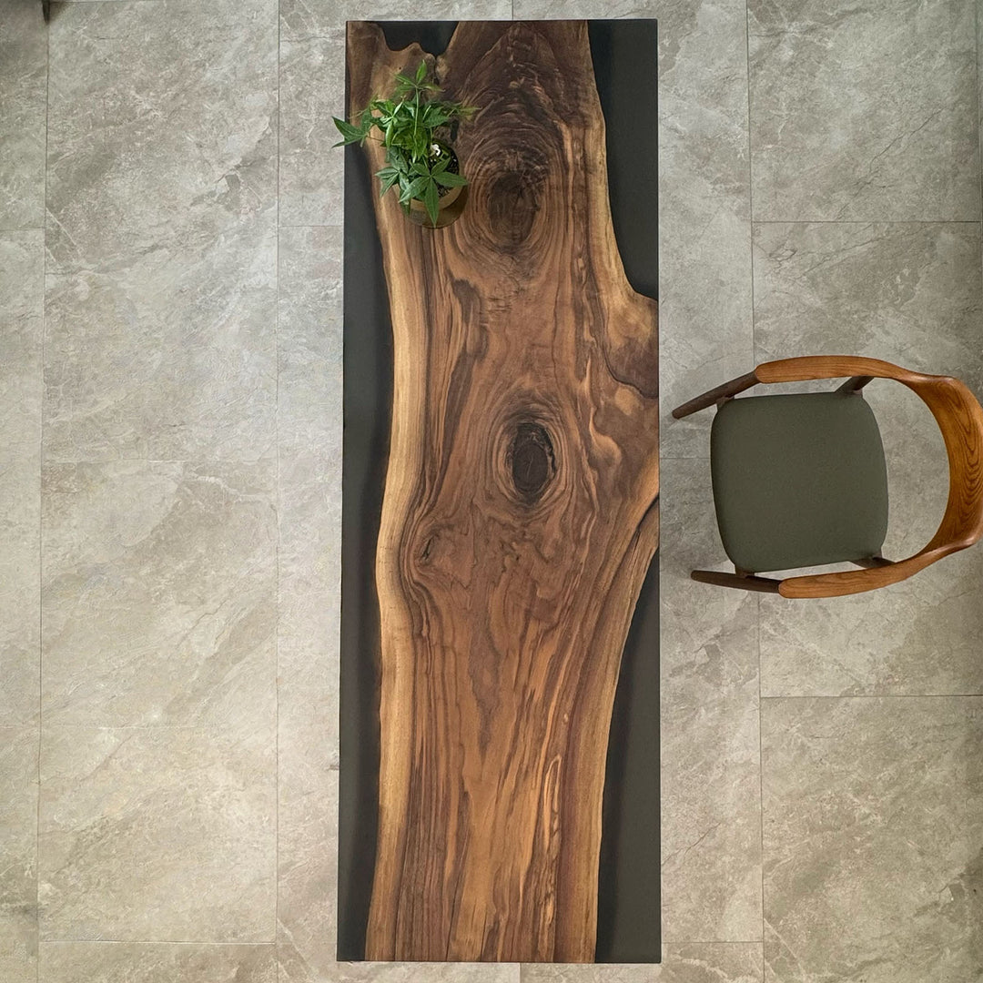 Detail view of walnut and black epoxy pattern