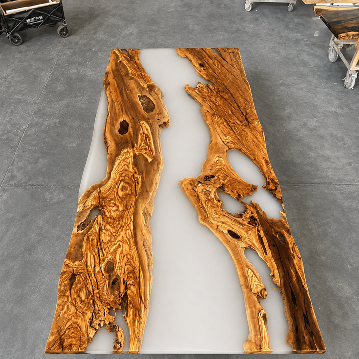 SeawaveTable Luxury Olive Wood Black Epoxy River Table – Large Custom Live Edge Dining Table CRT-160