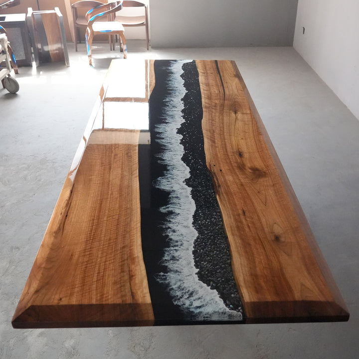 Forest-themed epoxy river table with artistic resin pattern