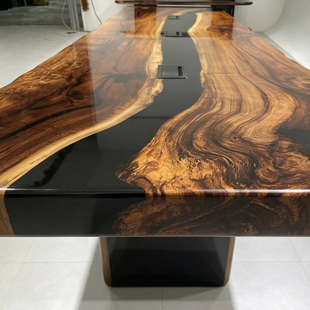 Full-gloss Black Walnut and black epoxy executive conference table by SeawaveTable