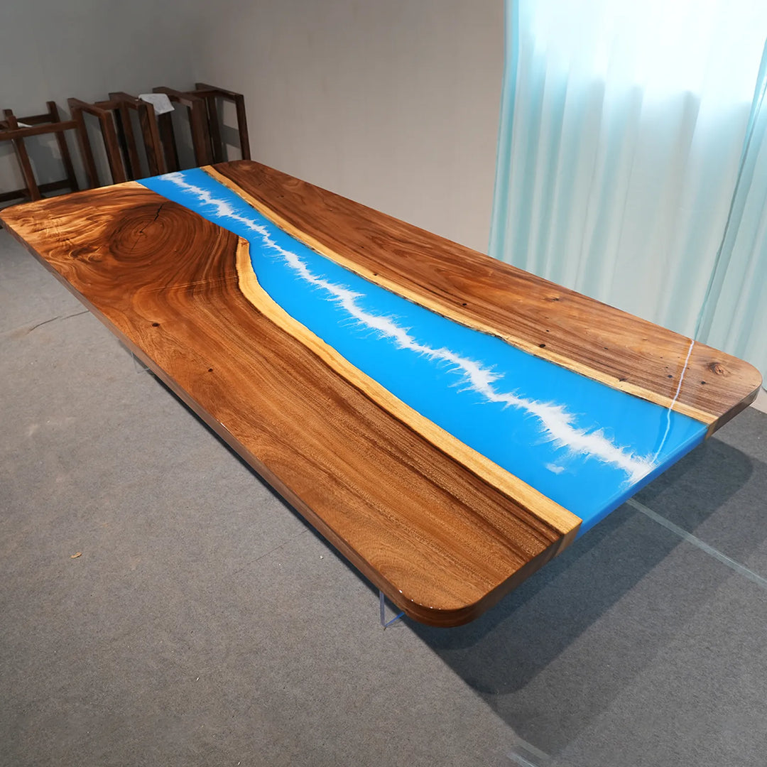 Full-gloss Walnut and blue ocean wave epoxy tabletop by SeawaveTable