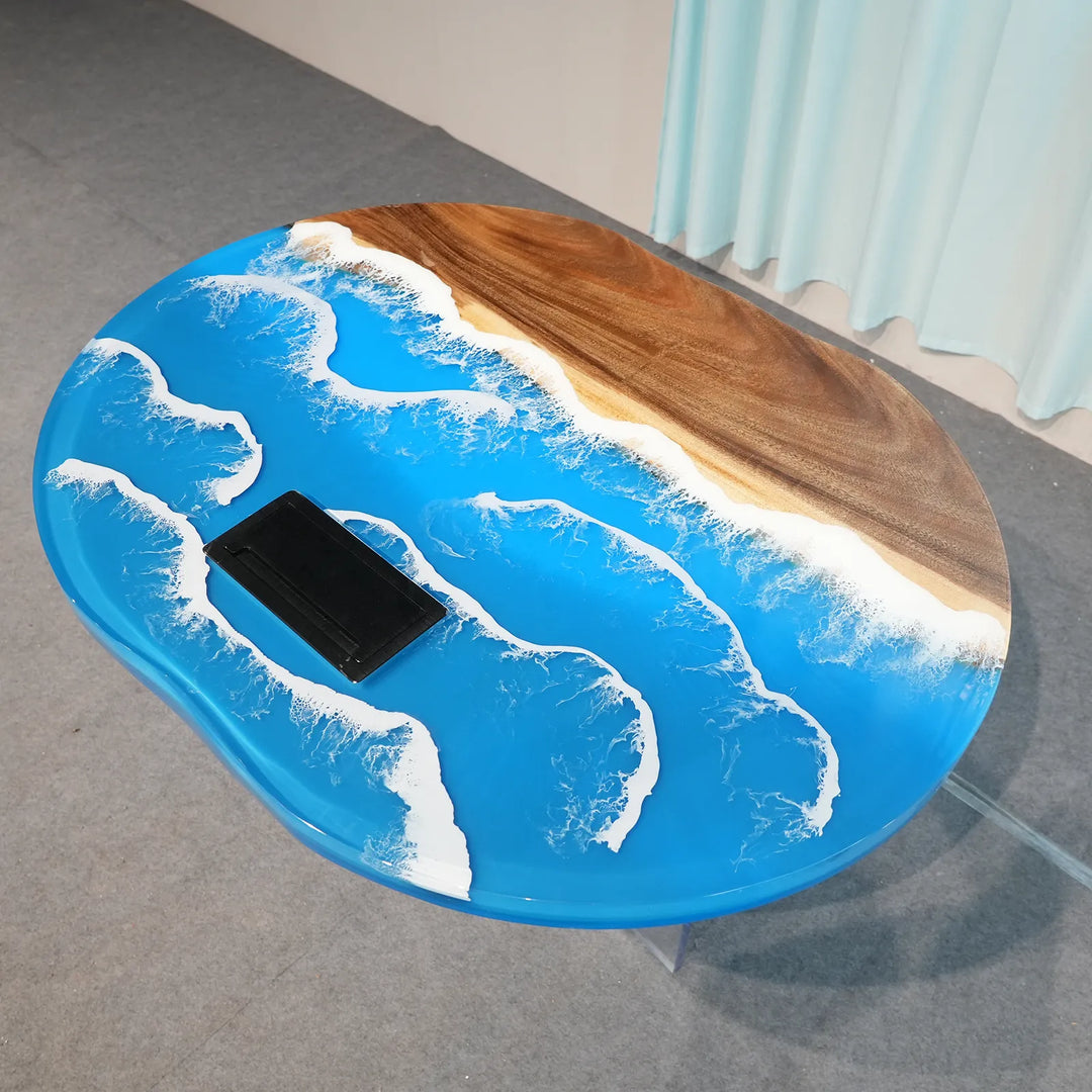 Full-gloss Walnut and blue ocean wave epoxy tabletop by SeawaveTable