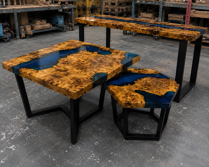 Functional art Poplar Burl statement coffee table CRT-341 with artistic resin landscape