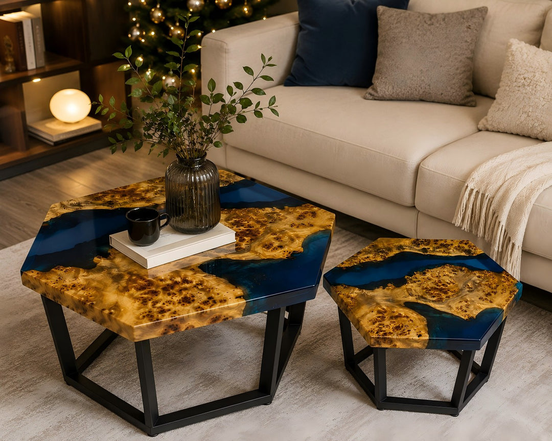 Gallery-inspired Poplar Burl resin coffee table CRT-341 with sculptural geometry