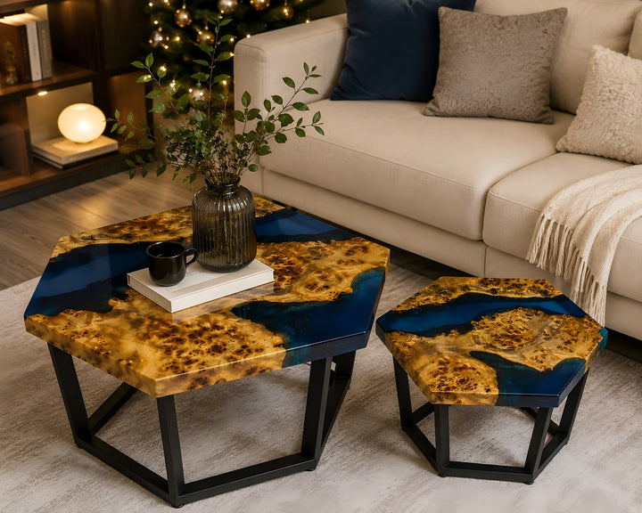 Gallery-inspired Poplar Burl resin coffee table CRT-341 with sculptural geometry