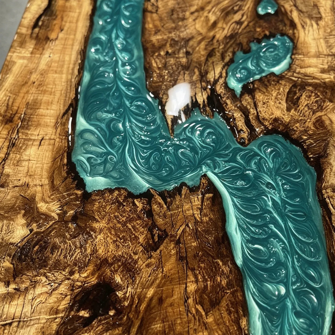 Glossy Golden Camphor river table with gradient blue resin