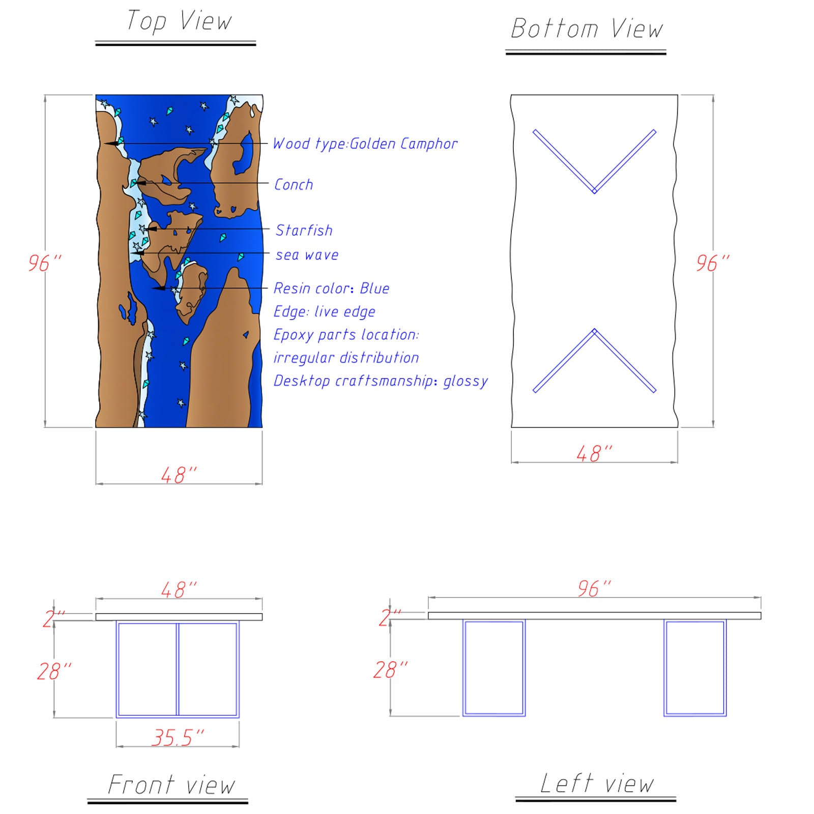 Close-up of transparent blue resin with white sand, starfish, and seashell inlays on a handcrafted golden camphor wood table in Lewisberry, PA near me.