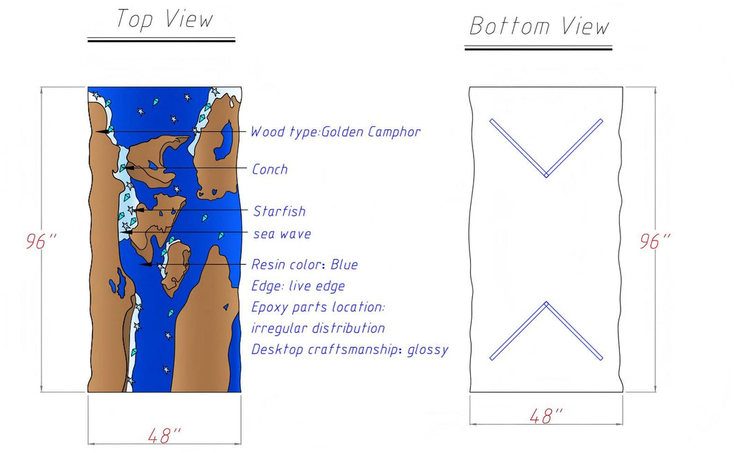Custom coastal-style golden camphor wood resin table with blue transparent resin and seashell details, handcrafted for a home in Lewisberry, PA near me.