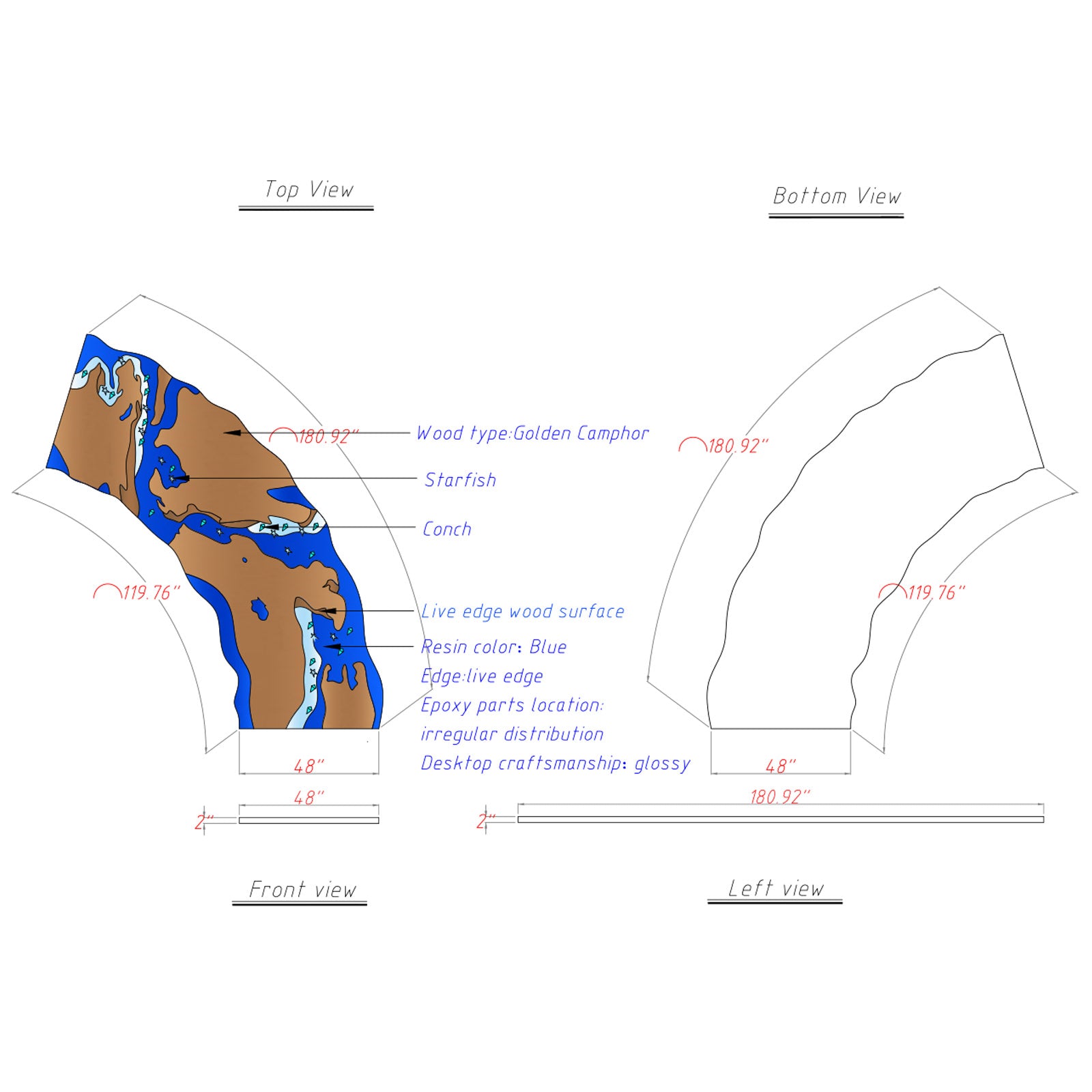 Top view of golden camphor epoxy river table with flowing ocean-blue resin and live edge design.
