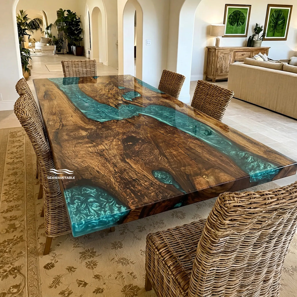 Golden Camphor wood table with layered gradient blue epoxy
