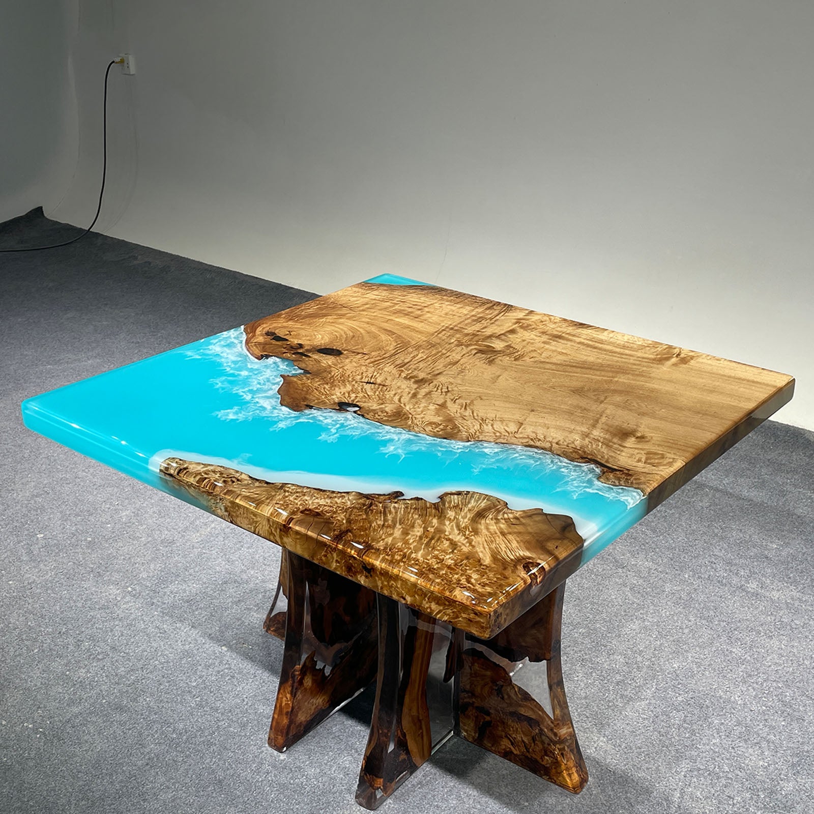 Live edge golden camphor ocean serenity table, perfect for modern coastal decor.