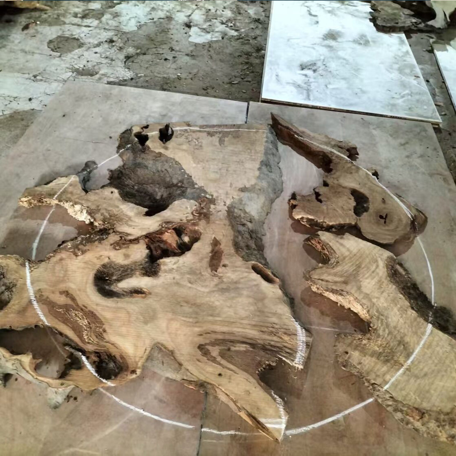 Top view of Golden Camphor Ocean Serenity round epoxy table with wave-like resin design