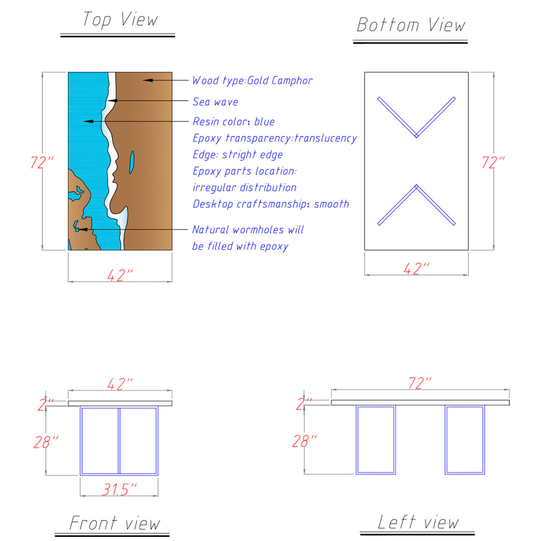 Top view of Ocean Serenity table featuring golden camphor wood and white-blue epoxy waves by Seawavetable.