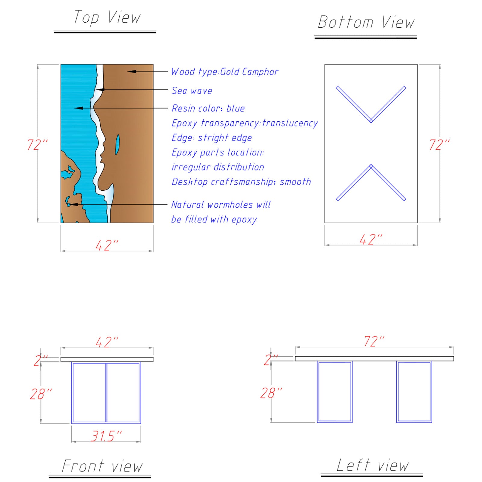 Top view of Ocean Serenity table featuring golden camphor wood and white-blue epoxy waves by Seawavetable.