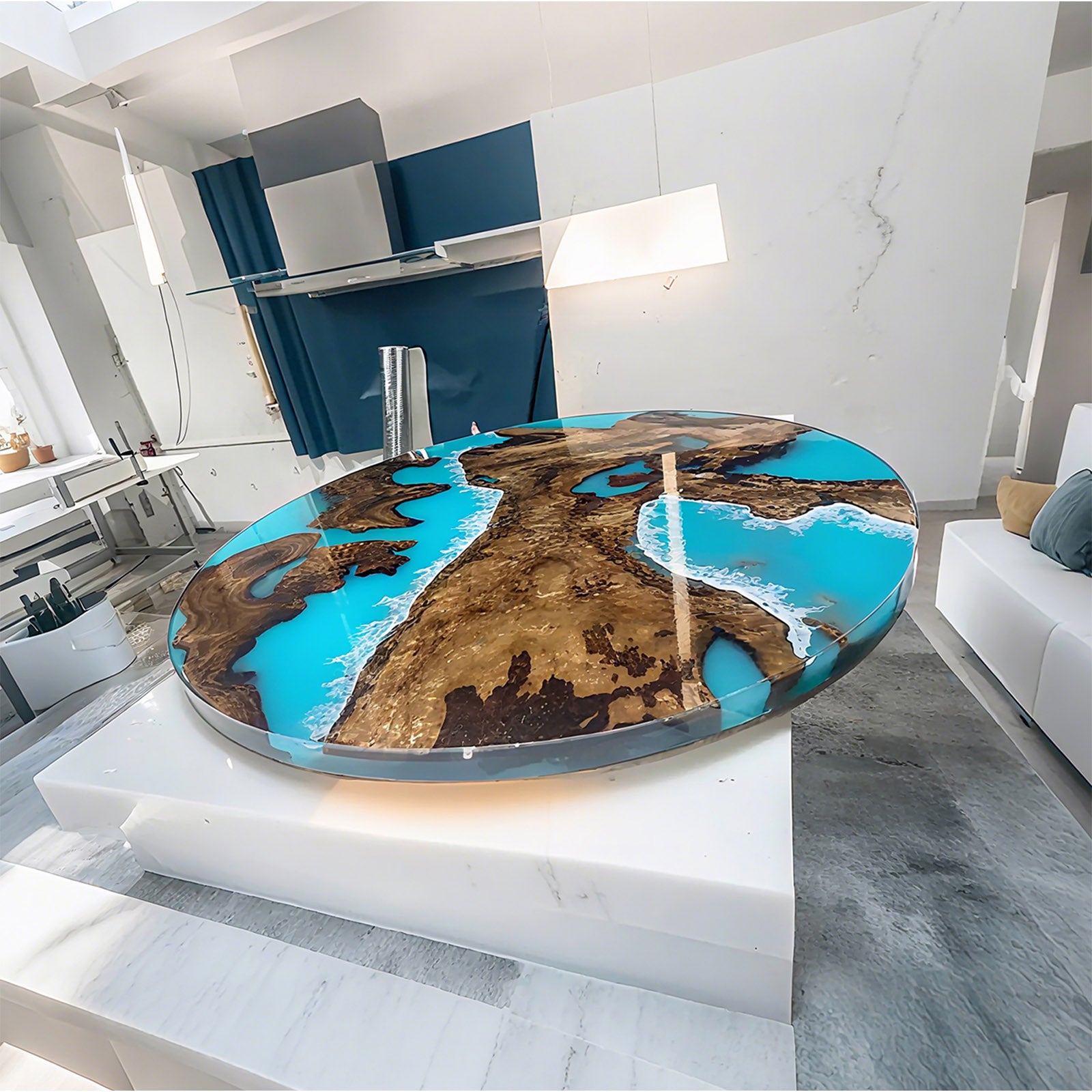Edge view of Golden Camphor river-style round table with blue Ocean Serenity resin.
