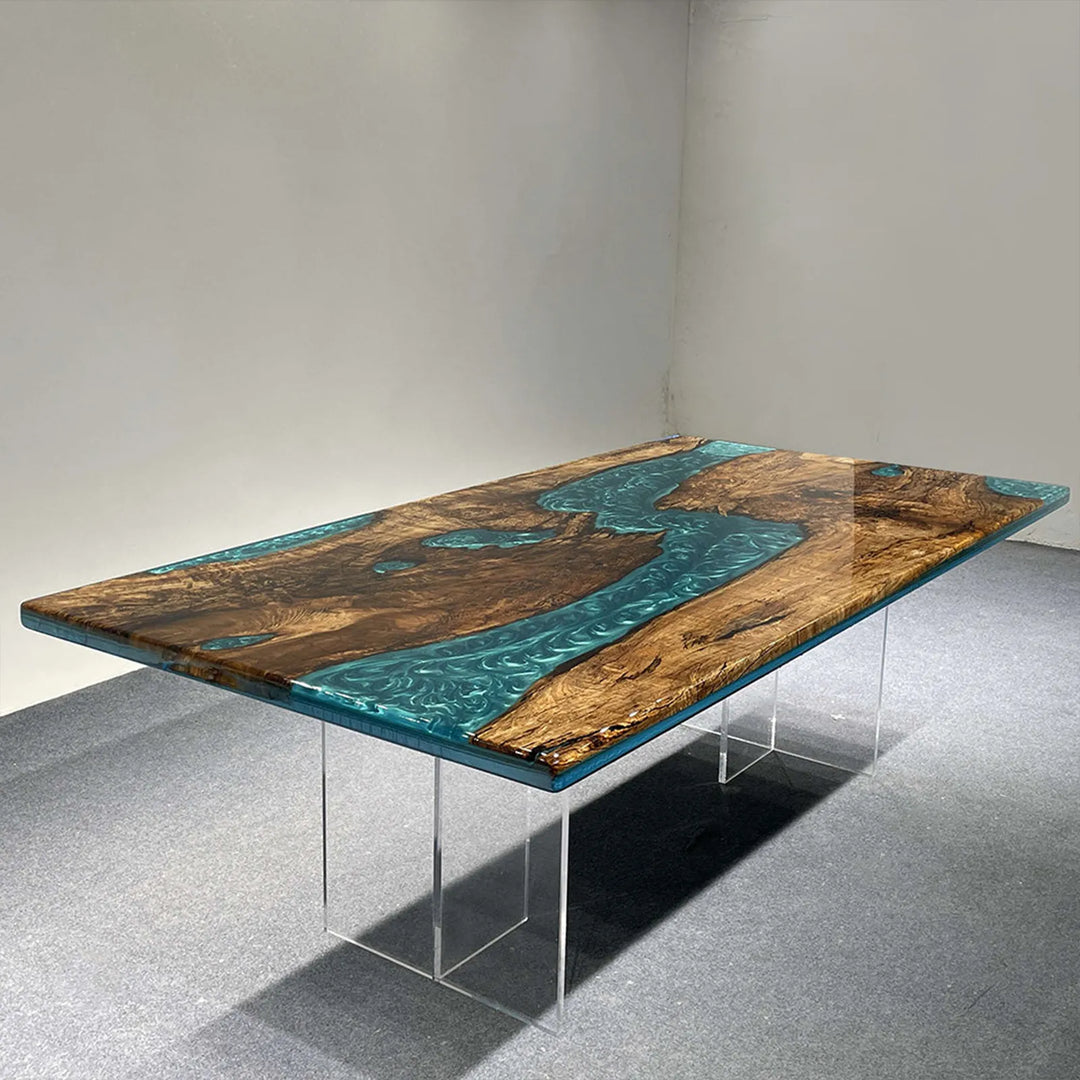 Natural Golden Camphor wood grain with irregular blue epoxy details
