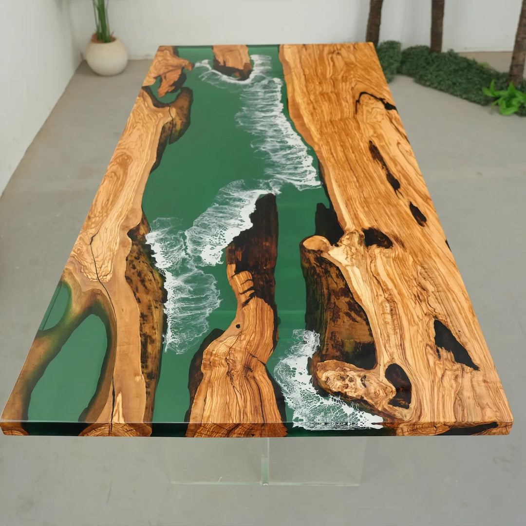 Transparent green epoxy river flowing through natural Olive Wood